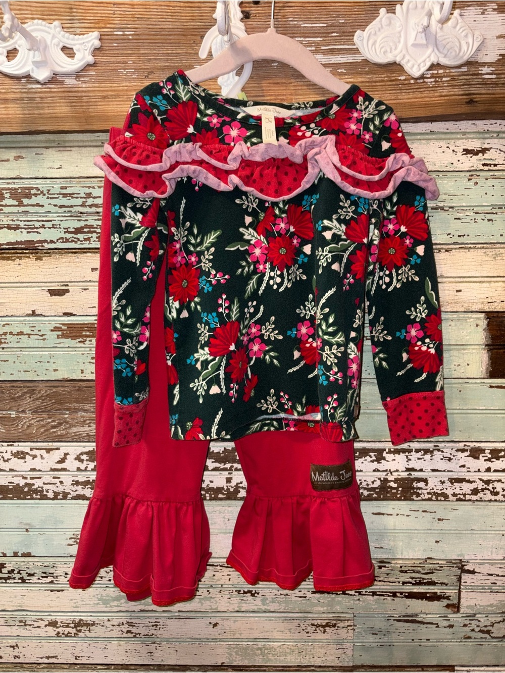 Matilda Jane Dark Green Floral Top with Pink & Red Ruffle Pants